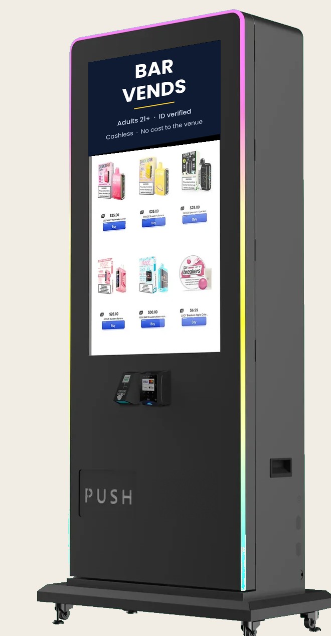 A Bar Vends cashless vending machine with a lit touchscreen showing products and prices